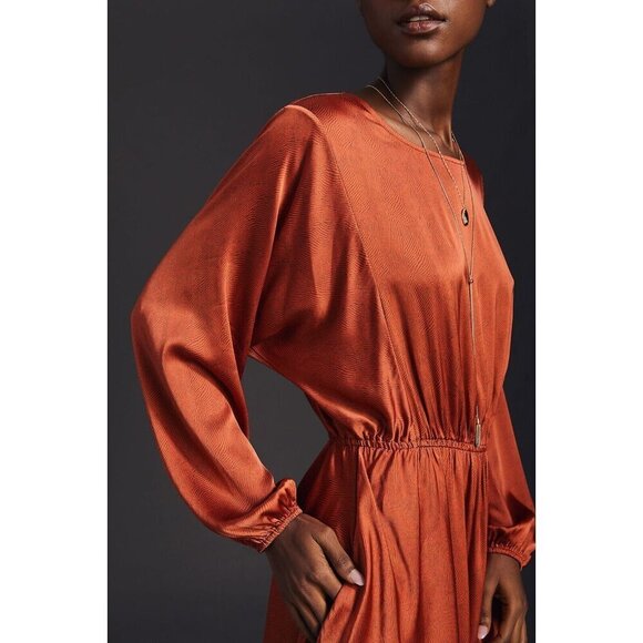NWT Anthropologie Caballero Long-Sleeve Dress M $180 Orange Black Blouson - Picture 4 of 10
